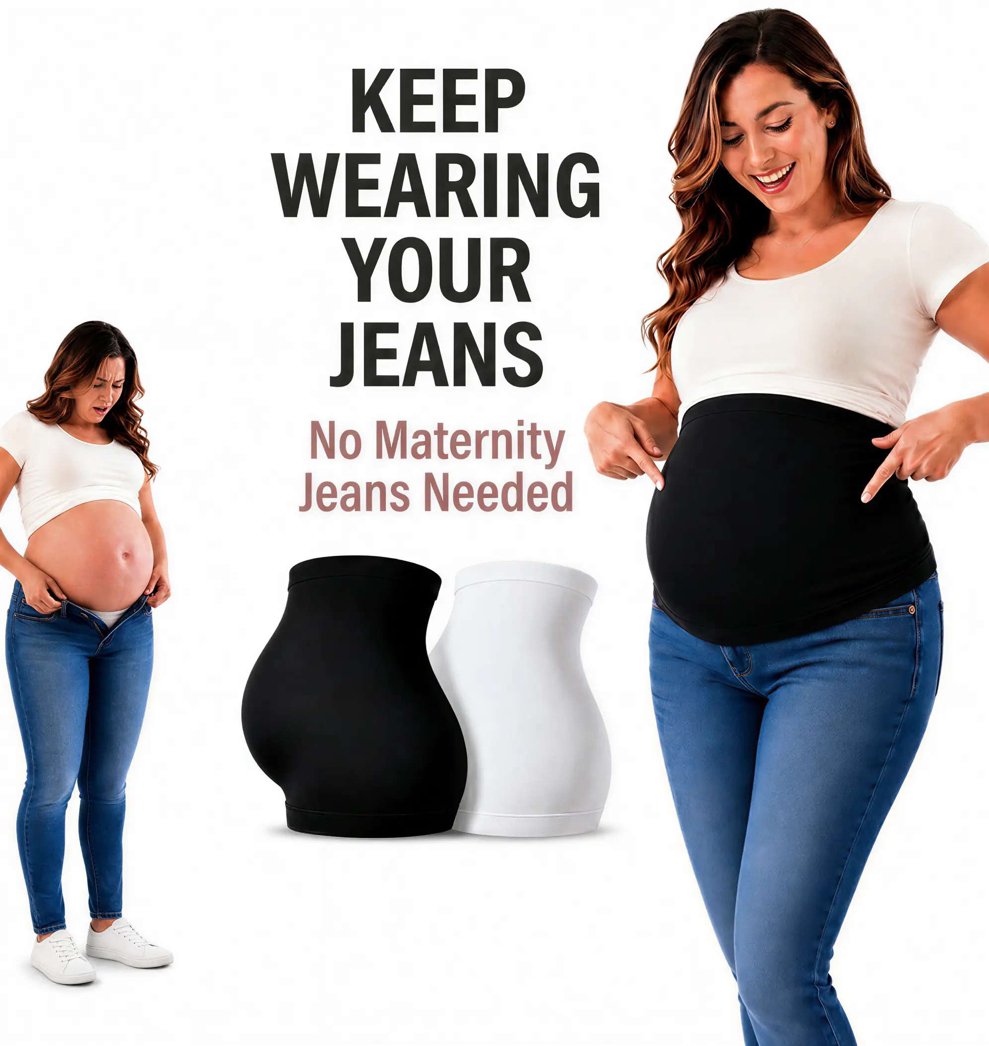 Women's 2-Pack Pregnant Belly Bands for Pregnancy - Pants & Jeans Extender, Seamless Stretch Plain Abdomen Cover for Baby Bump, Third Trimester, Black & White, Pregnant Belly Band, Belly Belt