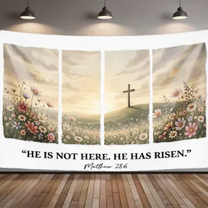 Easter Resurrection Tapestry |   He is Not Here He is Risen Wall Art |   Vintage Flower Cross Backdrop for Bedroom