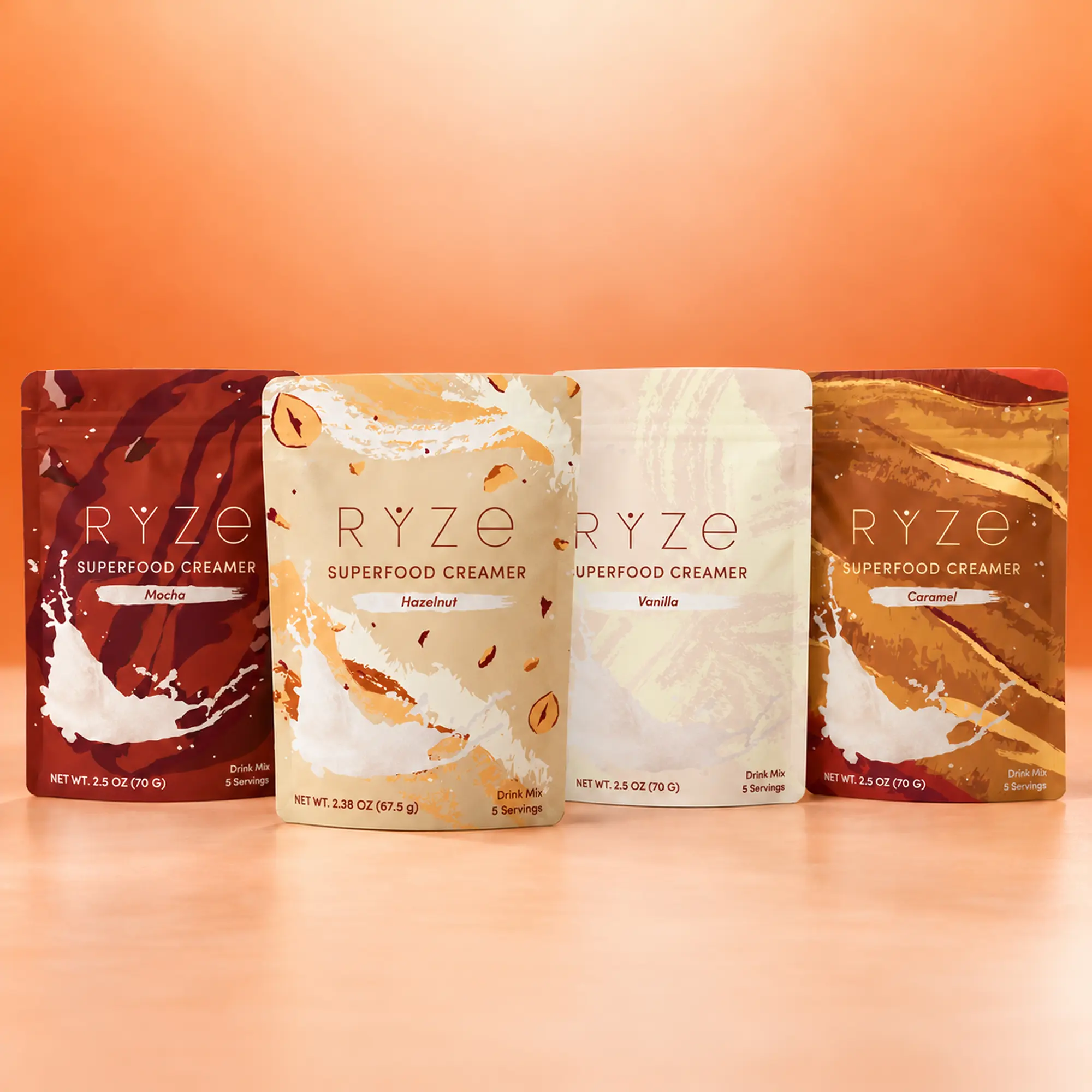 RYZE SUPERFOODS Superfood Creamer Variety Pack - Single Serve Drink Packet Coffee Creamer, Ambient Temp Compatible, Low Cholesterol Base for Coffee, Single Serve Coffee Creamer
