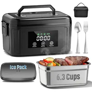 Heated Lunch Box, 6.3-Cup Cordless Electric Lunch Box for Adults,    Warmer with Scheduled Heating Timer and Removable Ice Pack, Portable for Work, Office, and Outdoor (Black)