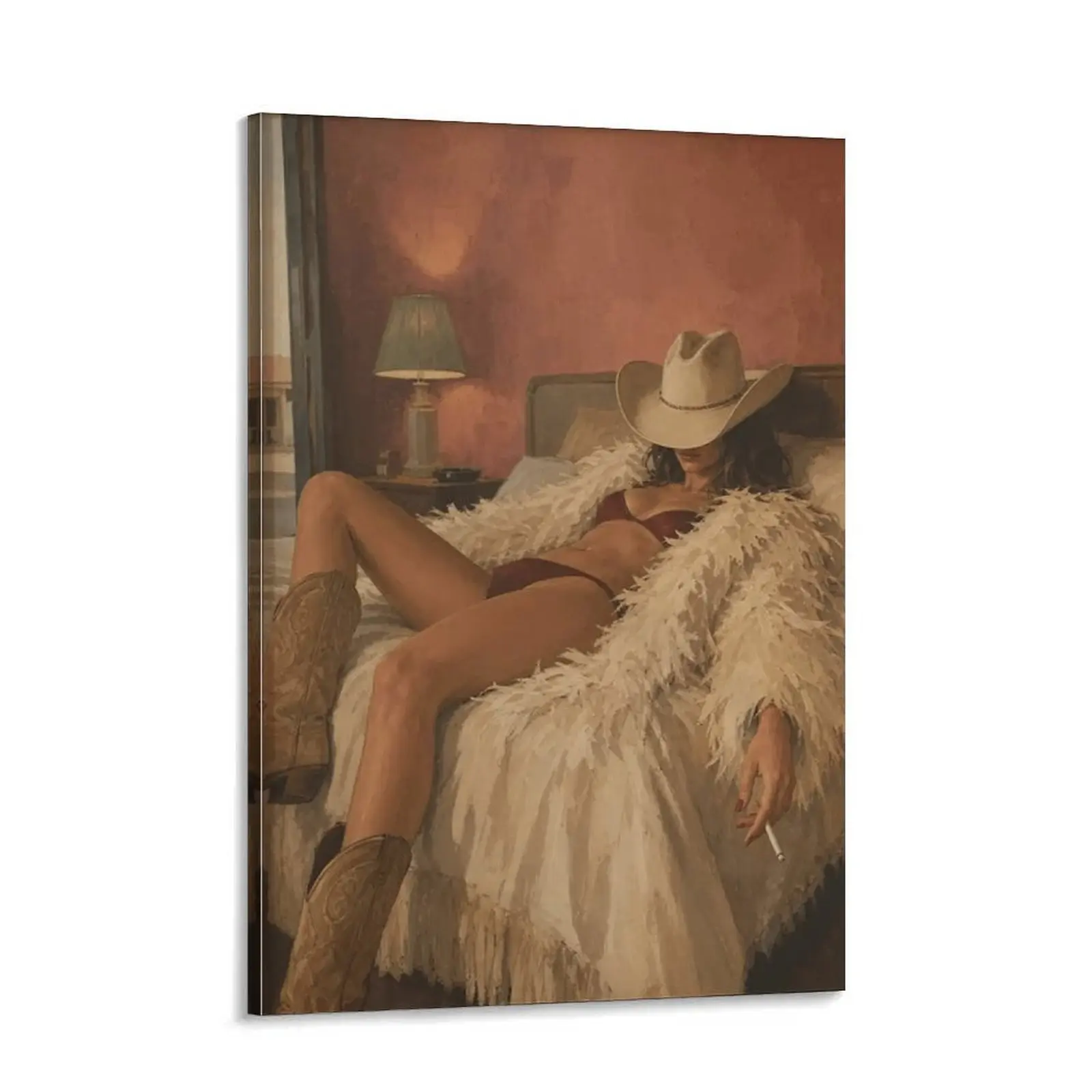 Vintage Western Cowgirl Cigarette Poster, Home Items Abstract Fashion Woman on Bed Print, Retro Textured Oil Painting Home Decor Wall Art, Wall Decor, Vintage Room Decor