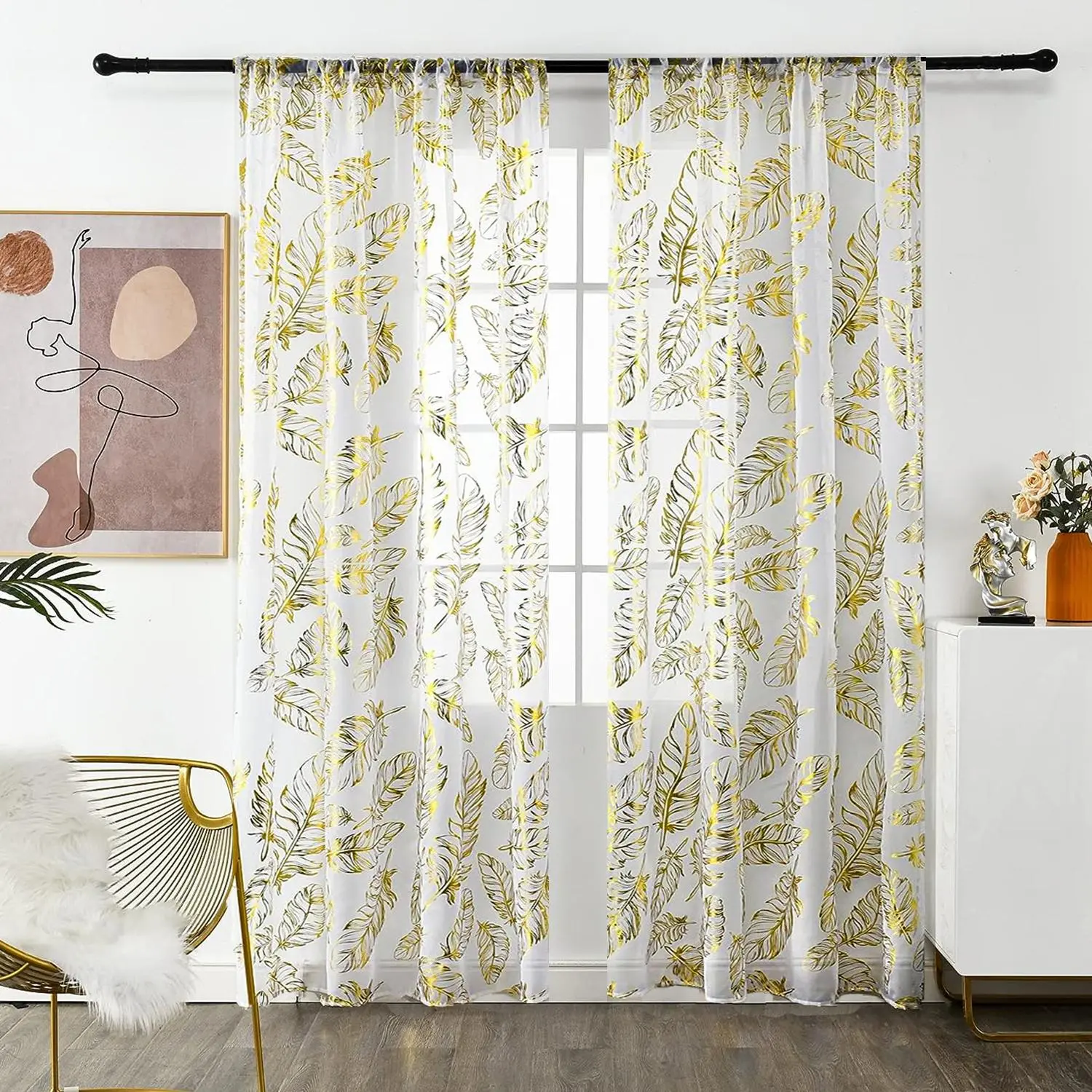 Leaf Print Curtain Screen, 2 Counts Modern Simple Window Curtain Screen, Window Drapes Window Hanging for Home Living Room Bedroom Decor, Home Decoration Curtain