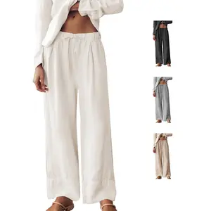 Hixiaohe Women Casual Elasticated Drawstring Waist Linen Palazzo Pants  Trendy Beach Travel Outfits Wide Leg Trousers TikTokShopBlackFriday