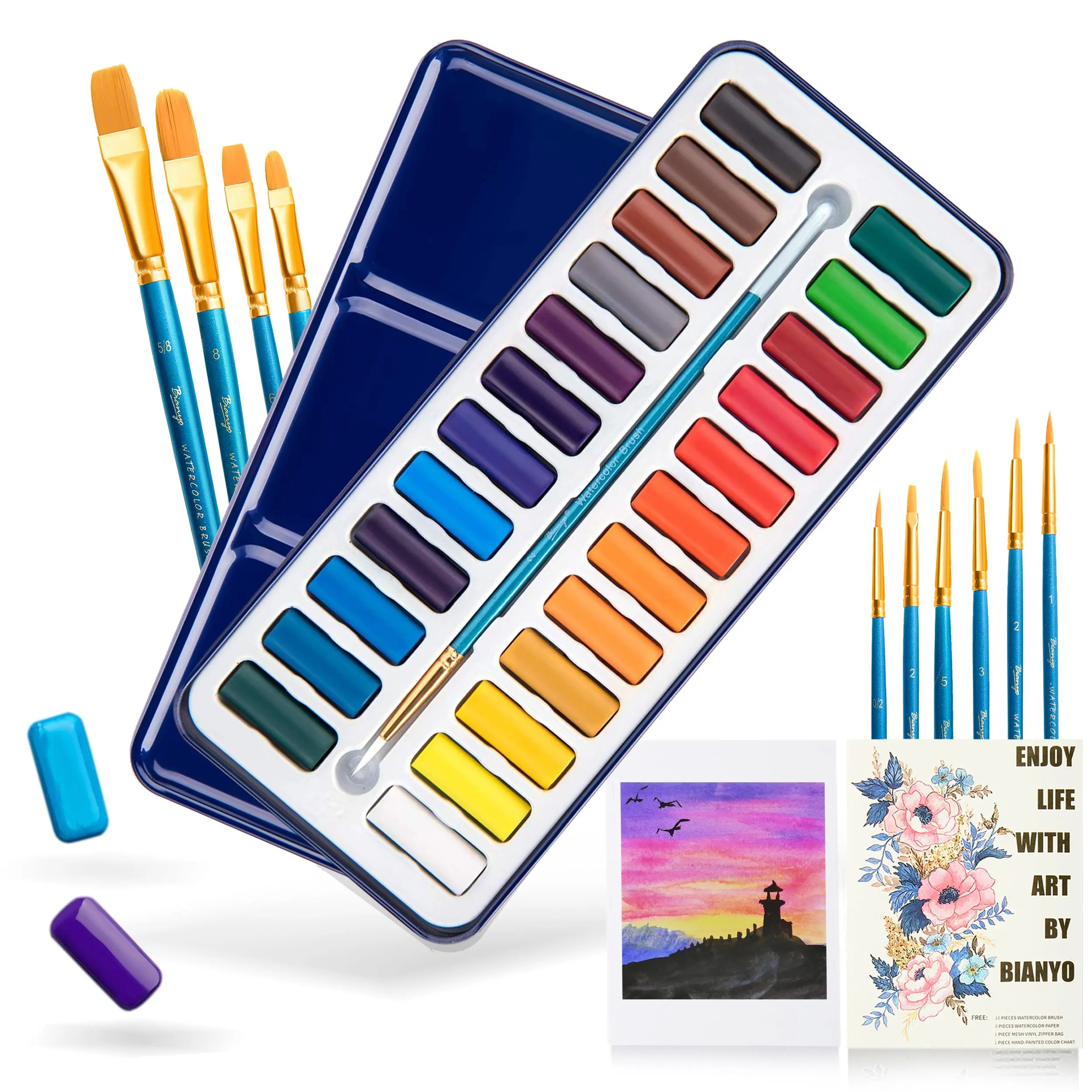 Kids' 24-Color Non-Toxic Watercolor Set - Watercolor Paint Box with 11 Brushes, 8 Paper Sheets, Storage Bag, Convenient Storage Solution, Classroom Supplies, Range of Textures for Art Activities & Sketching