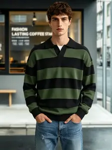 Men's black and green striped half-open knitted polo shirt with a lapel, a color-blocked sweater, American vintage Classic style, loose fit, Smart casual, suitable for spring outfits, and appropriate for daily commuting, casual dates