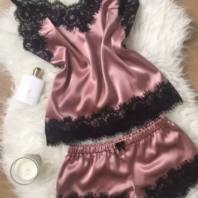 High Quality 2-Piece Casual Home Wear Pajamas Set Women'S Satin Short Nightwear Women