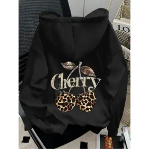 Fashionable black hooded sweatshirt with leopard print cherry pattern and "cherry" logo, unisex streetwear, warm for autumn and winterRAIMENTRY