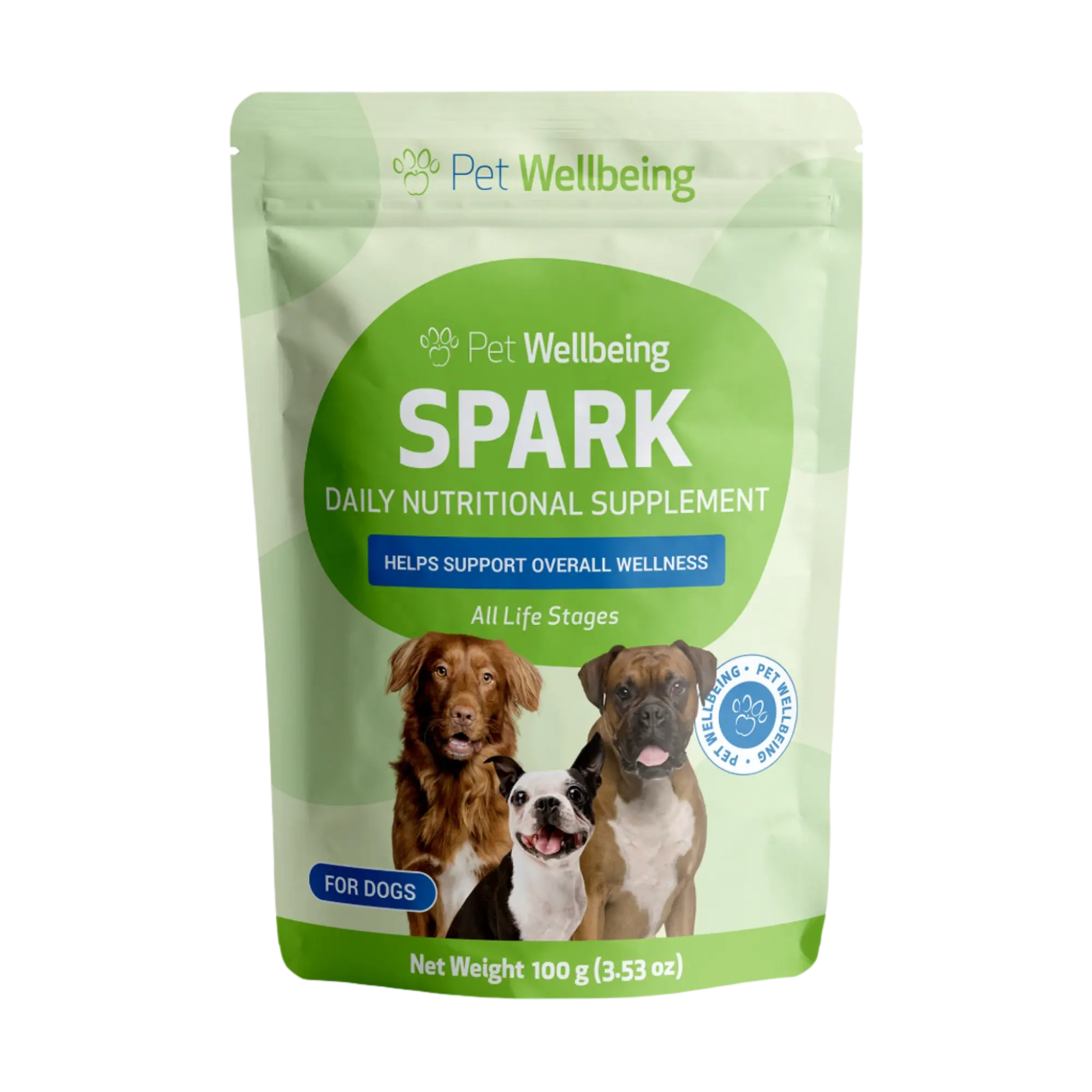 Pet Wellbeing Spark Daily Nutritional Greens Superfood for Dogs - Probiotics & Prebiotics, Digestive Enzymes, Amino Acids, Antioxidants, Vitamin D, Spirulina & More - Veterinarian-Formulated - 3.53 oz (100 g)