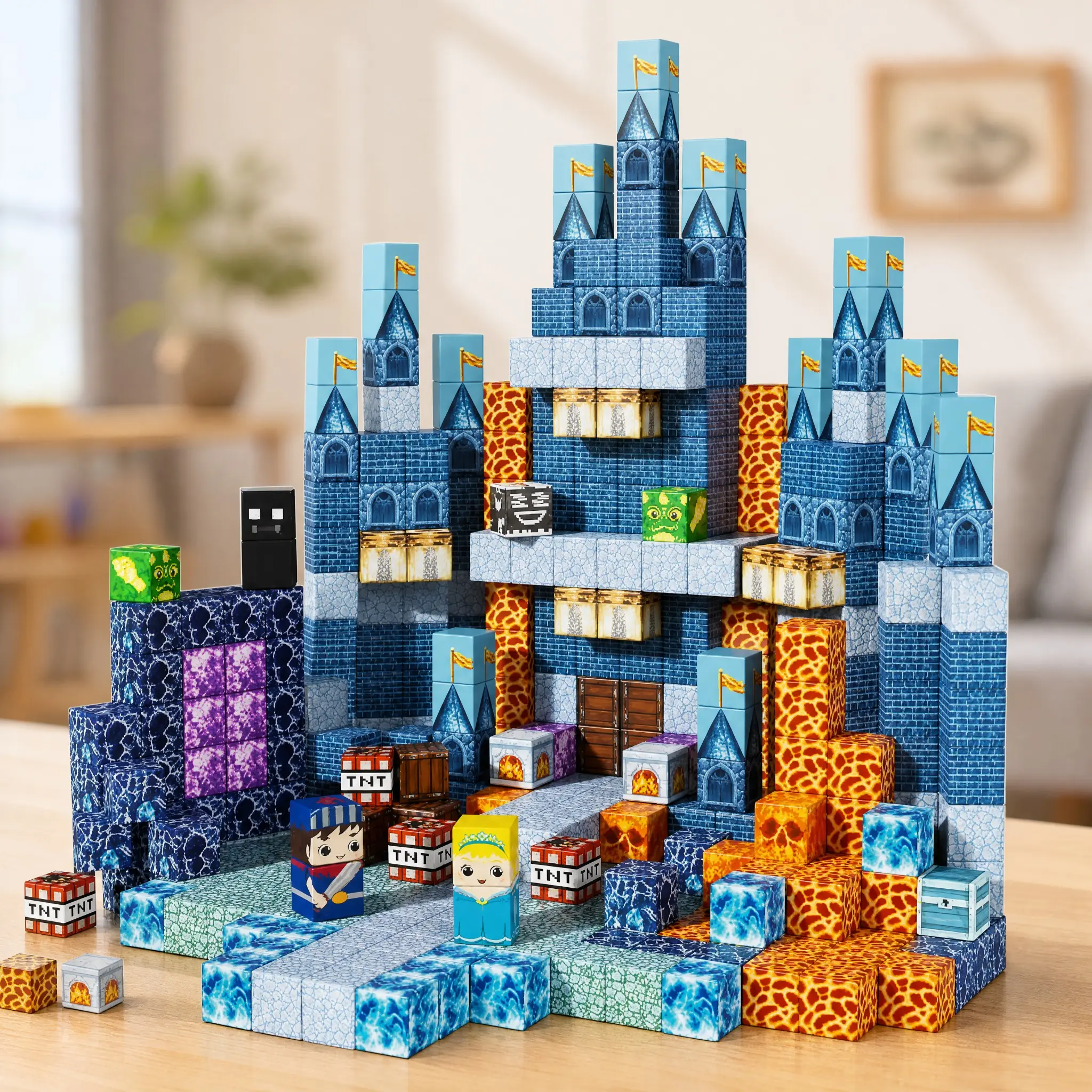 Magnetic Cube Building Blocks Blue Castle 3D Stereo Plastic Assembly Toy Educational Creative STEM Gift for Kids Age 3 Plus Boys Building Construction Pretend Play Blocks Set
