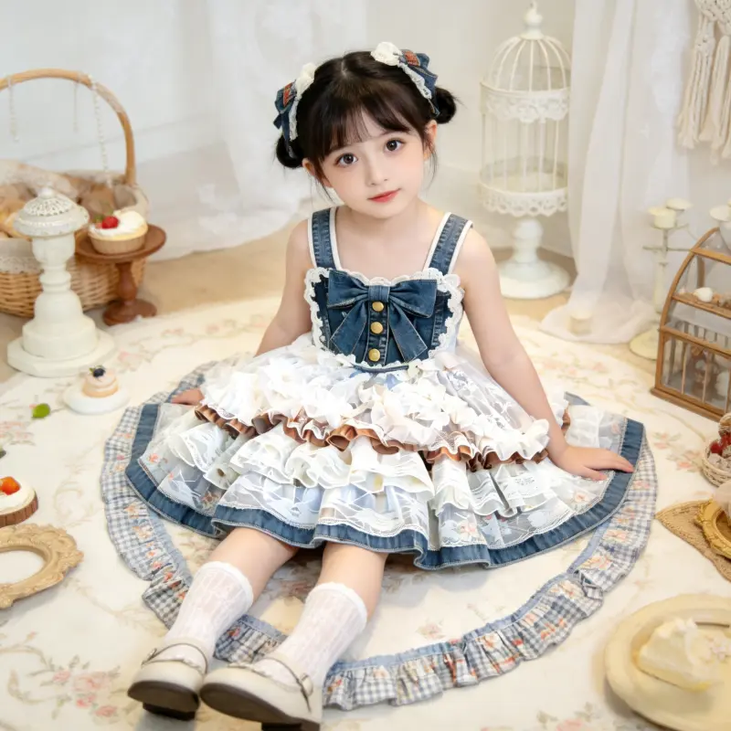 Girls' New Summer Formal Birthday Party Dress - Spaghetti Straps, Denim-Mock Design, Lovely Large Bow, Princess Style, Layered Lace Check Panels, Fluffy Full Skirt, Breathable for Children’s Photoshoots, Flower Girl Gowns, Birthday Party Dresses, Lovely B