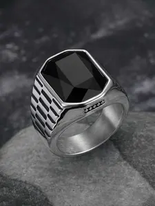 Retro Groove Striped Men's Ring, Large Zircon Stainless Steel Ring, Hip-hop Punk Style, Radiant Rectangle Rings, Trendy Pairing, Exquisite Trendy Ring
