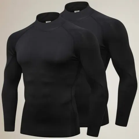 Men's 2-Pack Long Sleeve Cool-Dry Turtleneck Compression Base Layer - Polyester Quick Dry Sporty Fit Compression Shirts, Running Sports Shirts, Gym Activewear Undershirts