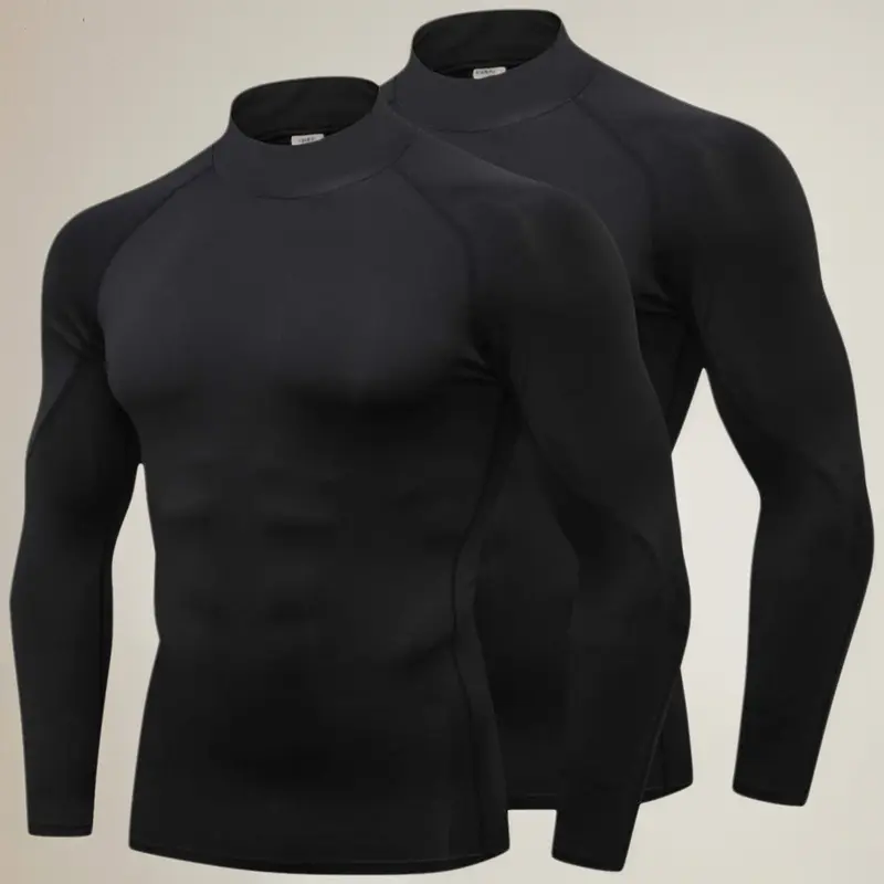 Men's 2-Pack Long Sleeve Cool-Dry Turtleneck Compression Base Layer - Polyester Quick Dry Sporty Fit Compression Shirts, Running Sports Shirts, Gym Activewear Undershirts