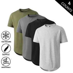 4-Pack Men’s Curved Hem T-Shirts, Soft Stretchable Breathable Basic Tees, Casual Crew Neck Short Sleeve Tops for Everyday & Sports