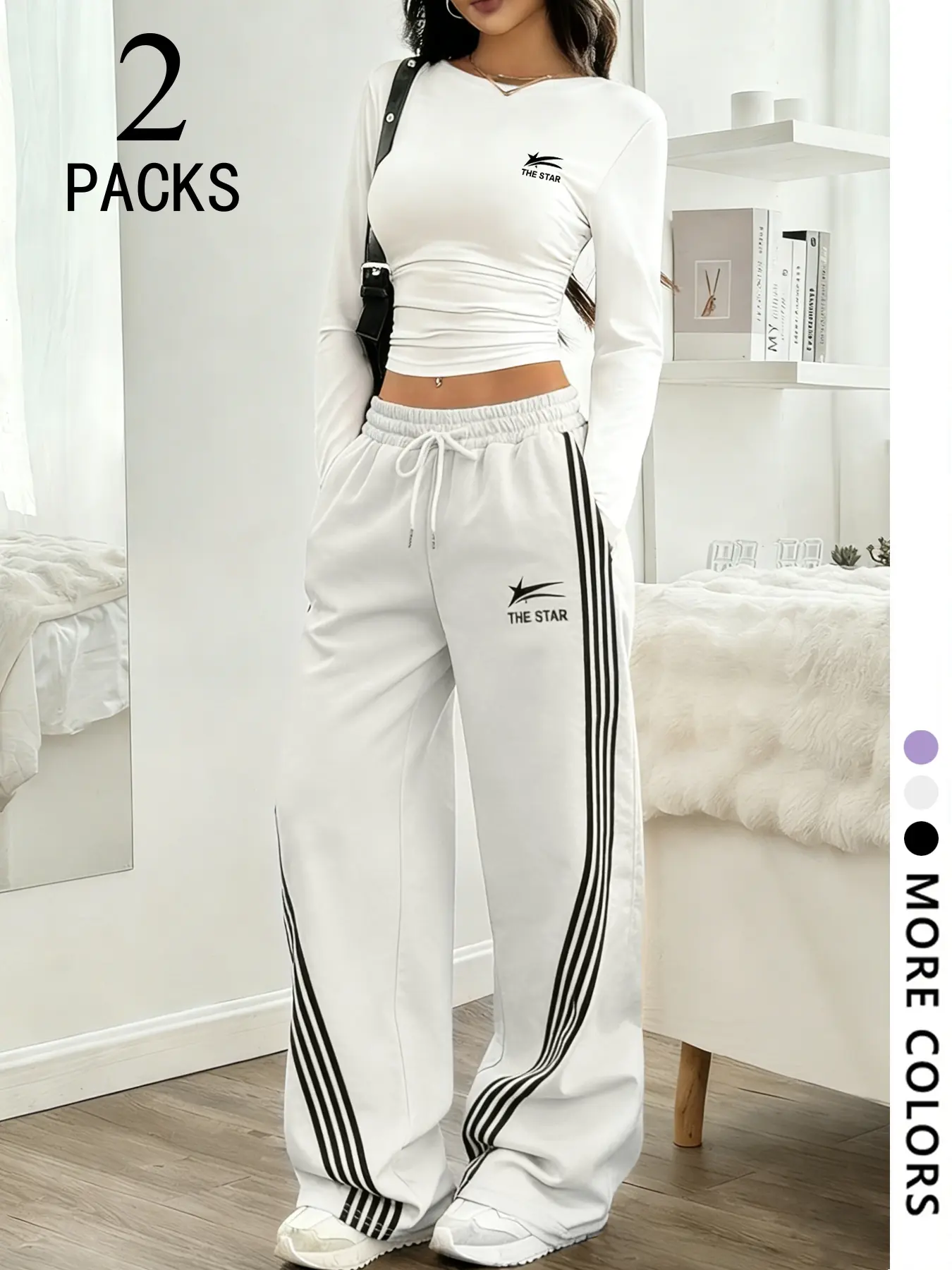 Y2K Star Striped Wide Leg Sport Pants Set (2 Pieces), Adjustable Drawstring Waist, High-Low Design, All-Season Wear, Tracksuit Sets, Athleisure Activewear Set, Athleisure Sportswear Set