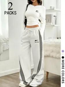 Y2K the Star Striped Wide Leg Sport Pants Set (2 Pieces), Adjustable Drawstring Waist, High-Low Design, All-Season Wear, Tracksuit Sets