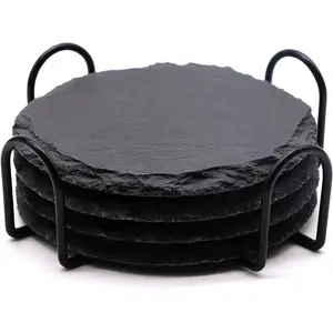 4 PCS Round Slate Drink Coasters Set, 4 Inch Laser Engraving Black Slate Stone Coasters with Anti-Scratch Bottom and Coaster Holder for Office Bar Kitchen Home Dinner Table Decor Supplies