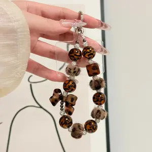 Leopard Print Bow Plush Beaded Phone Chain | Diamond Decoration + Fur Balls + 3D Bow | Sweet & Premium | Outing/Store Visit Phone Decoration | Hot Girl Vibe Outfit Accessory