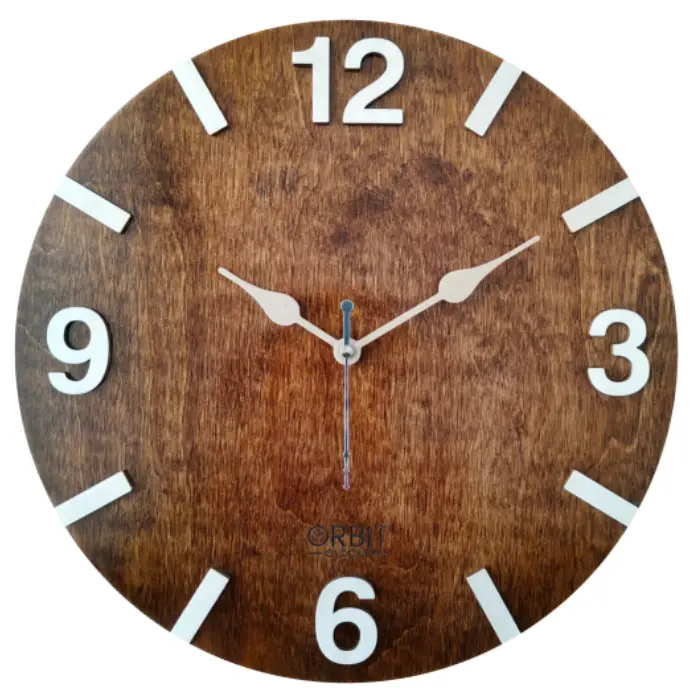 Orbit Clocks 12” Deep Walnut Stain Wooden Clock with 3D Wood Numbers and Hour Marks | Clock for Living Room, Kitchen Office | Rustic Modern