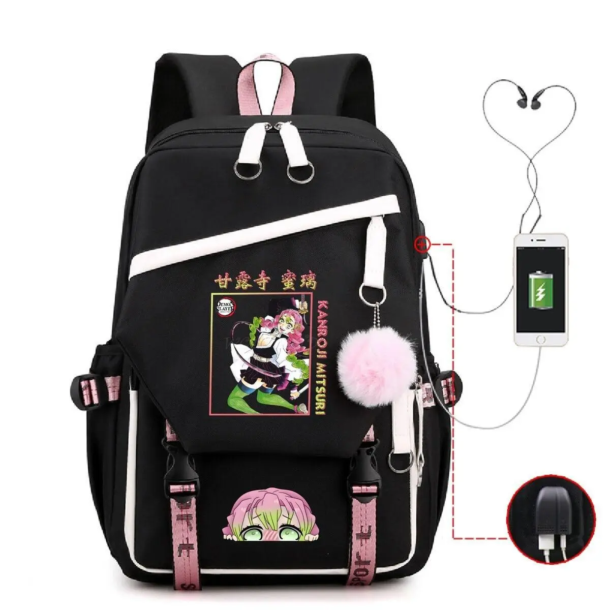 Black Pink Backpack, Demon Slayer  School Bookbag with Pink Pom Pom Charm, USB Charging Waterproof Oxford Daypack for Anime Fans Girls