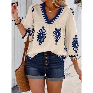 Women’s ethnic-pattern V-neck shirt, bohemian fashion casual 3/4-sleeve spring–autumn top, women’s everyday wear, women’s clothing, bohemian clothing for women GARMENTARY