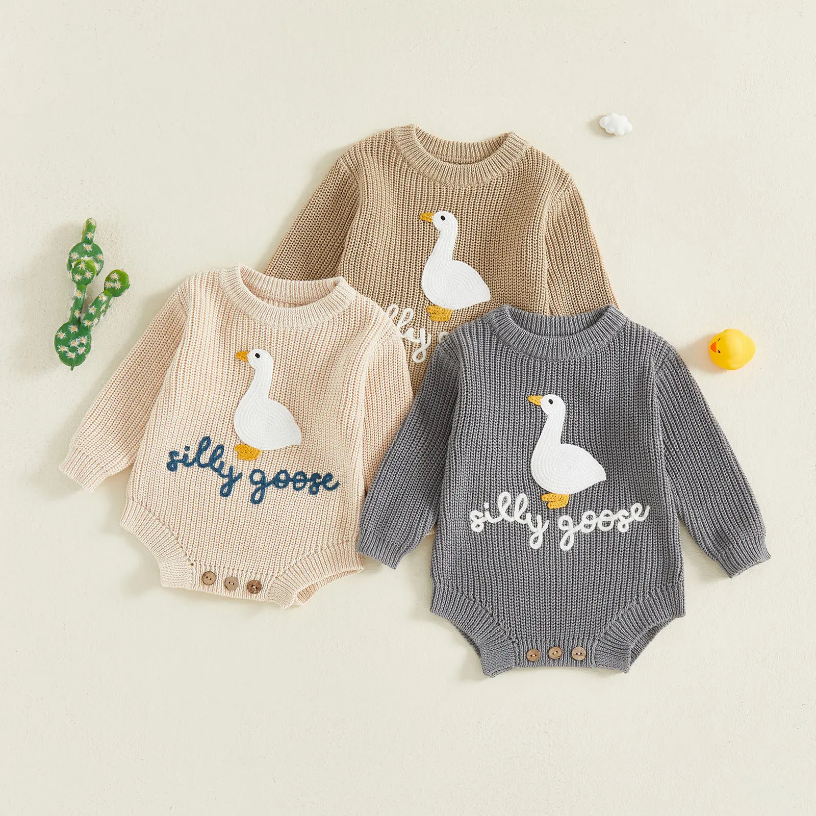 Canrulo Newborn Baby Girl Boy Sweater Romper Silly Goose Embroidery Knit Long Sleeve Onesie Bodysuit Fall Winter Clothes