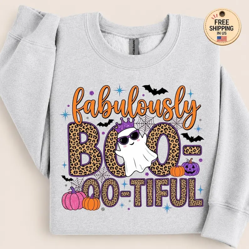 Fabulously Boo Tiful Sweatshirt, Funny Halloween Sweatshirt, Cute Ghost Shirt, Leopard Halloween Crewneck, Spooky Season Sweatshirt