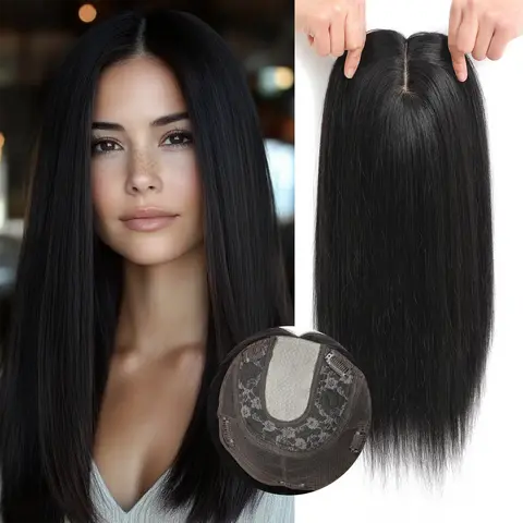 VASILIA Female Remy Human Hair Topper, 12-14in (12in Included) Straight Clip-In Piece, 8*13cm Invisible Silk Base, 120% Density, Lightweight, Softness & Volume Boost for Thinning Hair