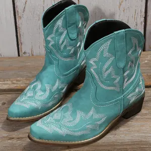 Vintage Embroidered Women's Pointed Toe Ankle Boots - Turquoise Floral Pattern, Chunky Heel, Faux Cover, Comfortable Slip-On Style, Cowgirl Boots