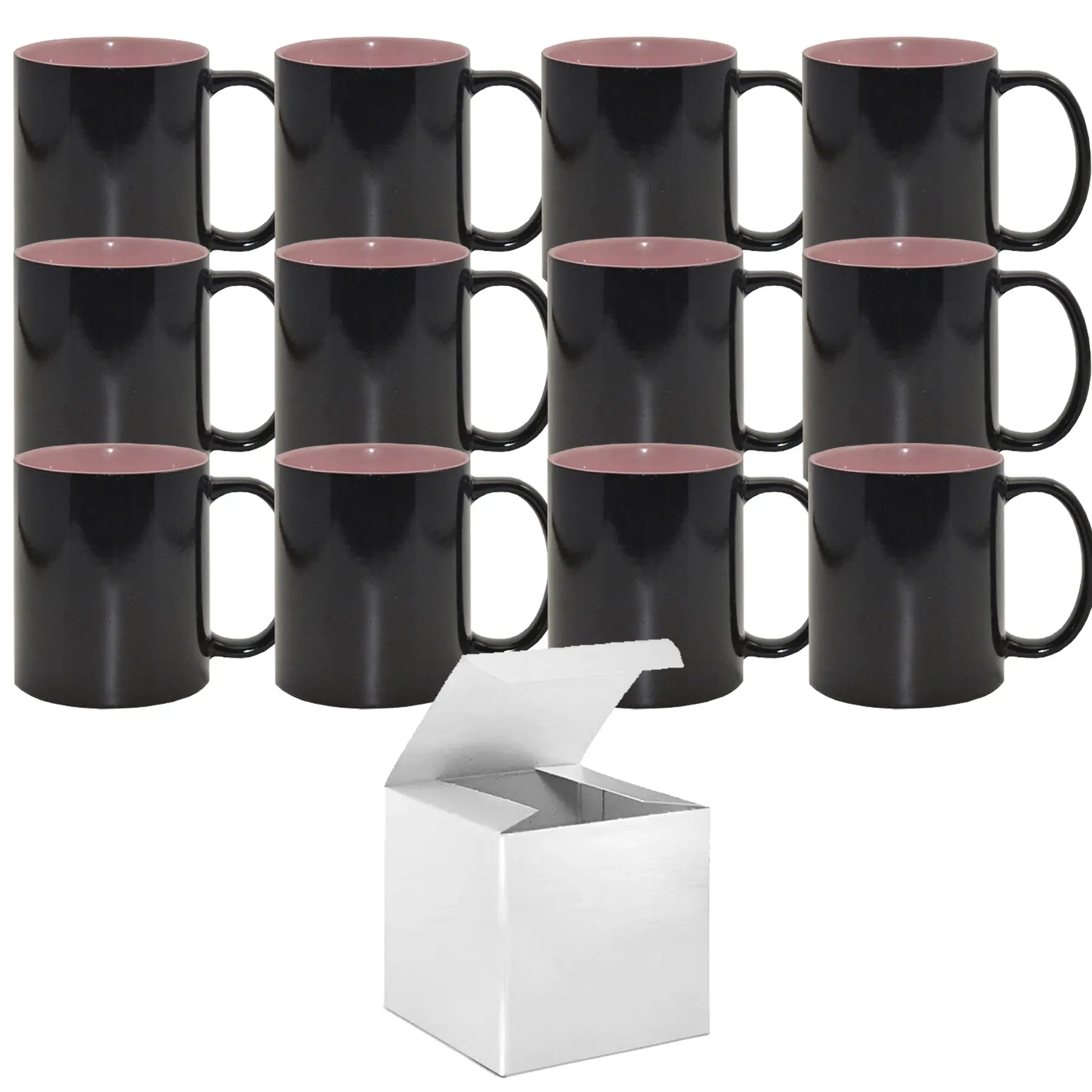 12 Pack of 11oz Color Changing Mugs - Pink Inner - Professional Grade Sublimation Mug with Individual White Gift Boxes