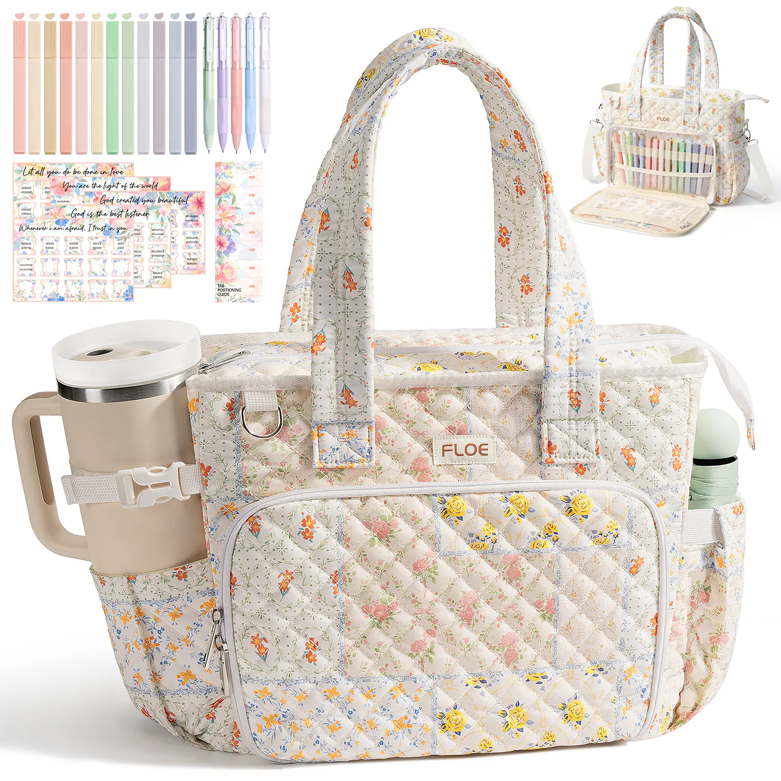 FLOE Large Bible Bag for Women Bible Cover Case, Quilted Puffer Bible Tote Bag Church Bag w/Shoulder Strap, Bible Study Supplies Journaling Kit Accessories Mothers Day Easter Christian Gifts for Women Mom