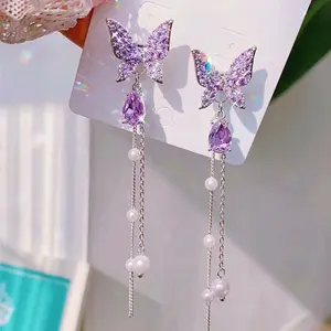 Sweet Purple Color Butterfly Drop Earrings for Women Long Pearl Tassel Crystal Earrings Party Wedding Fashion Jewelry Gifts 2024
