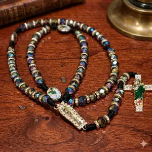 Exquisite Rosary Saint Jude Cross Pendant Mexican Necklace - Braided Cord rainbow beads Chain, Charm Accessories for Men and Women, Catholic St Jude Elegant Religious   Idea