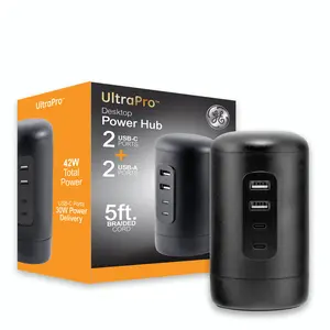 GE Desktop Power Hub, 2 USB-A, 2 USB-C, 5ft. cord, black