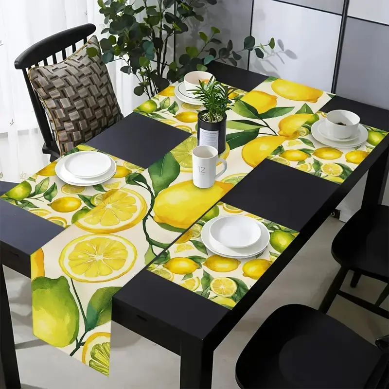 1 piece/5 pieces/7 pieces lemon watercolor kitchen pattern decoration tablecloth and placemat set, Kitchen Decorative Placemat, kitchen and dining table decoration, suitable for holiday themes, daily meals, indoor and outdoor family gatherings