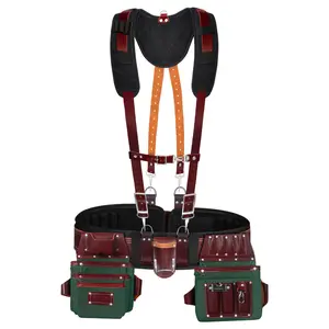 FUERI Tool Belt for Men with Suspender, Heavy Duty Nylon and Leather 26 Pockets Maroon and Green comes with Comfort Padded Belt,Spacious Pouches,Hammer Holder, Suspender Loops and Suspender for Carpenter Construction Electrician