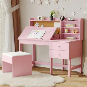 Garvee Adjustable Wooden Study Desk and Chair Set with Tilt Desktop, Drawers, and Cork Board for Ages 3-8, Pink - Perfect for School Learning and Creative Activities