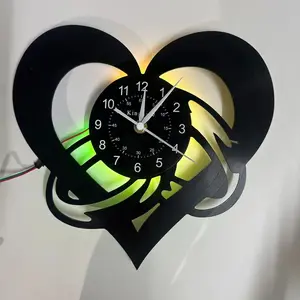 Colorful LED Retro Heart Ribbon Vinyl Record Wall Clock, Seven-Color LED Clock with Remote, Bedroom Living Room Decor, Ideal Gift