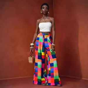 Women's Plaid Casual Pants 3D Digital Print Contrast Color Fashion Wide-Leg Pants Women's Clothing