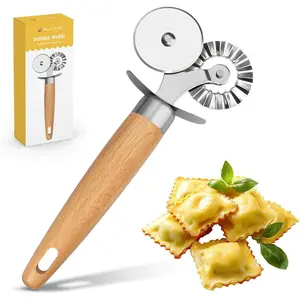 Pasta Cutter Wheel Fluted Pastry Cutter Double Wheel Ravioli Cutter Tool with Wooden Handle for Pasta Pizza Ravioli Cookie