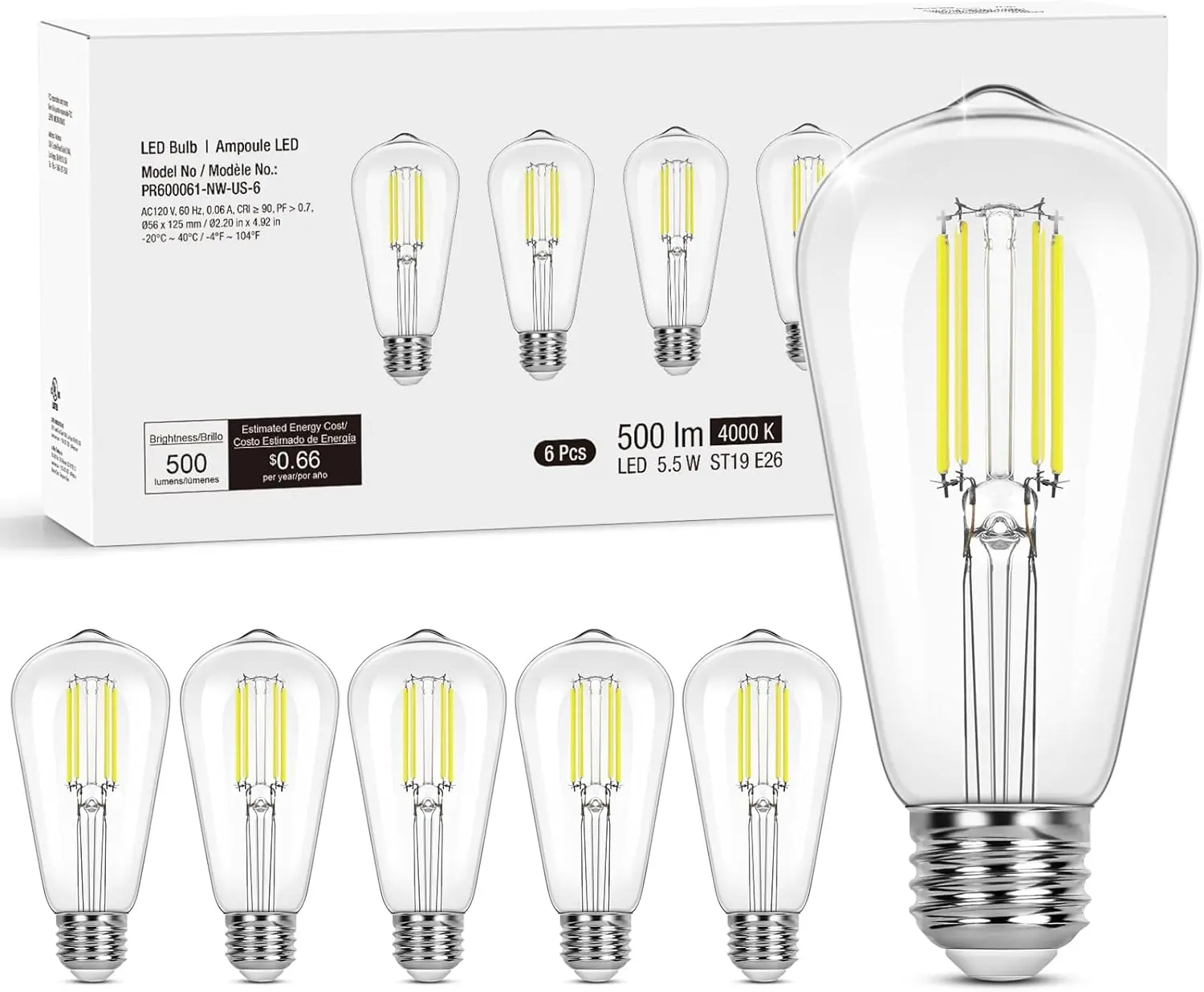 LEPRO Dimmable Vintage Filament LED Light Bulbs, 60W Equivalent, 4000K Neutral White, E26 Medium Base, ST19 Clear Glass, 6-Pack