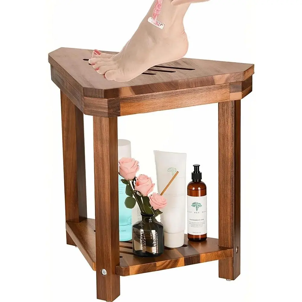 Shower Foot Rest 15 in, Acacia Shower Stool for Shaving Legs,Corner Bath Shower Bench with Starage Shelf for Inside Small Shower Spaces