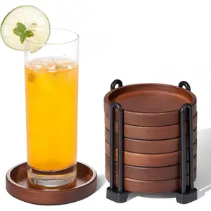 Set of 6 Wooden Coasters with Holder-Coffee Table Coasters for Drink, Wood Coaster Set for Modern Home Decor, Home Dining Table Decor Cute Beer Bar Coasters Decorative Rustic Outdoor Coasters