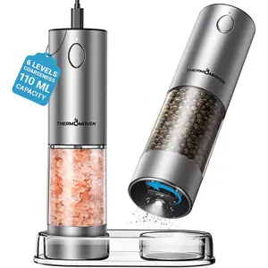 ThermoMaven Upgraded Larger Capacity Electric Salt and Pepper Grinder Set, 110ml Rechargeable Salt and Pepper Shaker with LED Light, Stainless Steel Automatic Pepper Mill with 6 Adjustable Coarseness