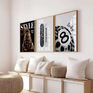 Set of 3 Leopard Print Wall Art, Cheetah Posters Printable, Stockholm Modern Aesthetic Stylish Y2K Print, Fashion Leopard, Lucky 8 Ball
