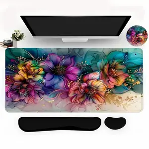 Floral Pattern Mouse Pad Set, 4 Counts/set Mouse Pad & Keyboard Wrist Rest & Coaster, Ergonomic Wrist Support for Home Office Gaming