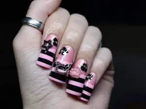 Pink Glitter & Black Striped Y2K Press On Nails | Alt Glam Statement Nail Set