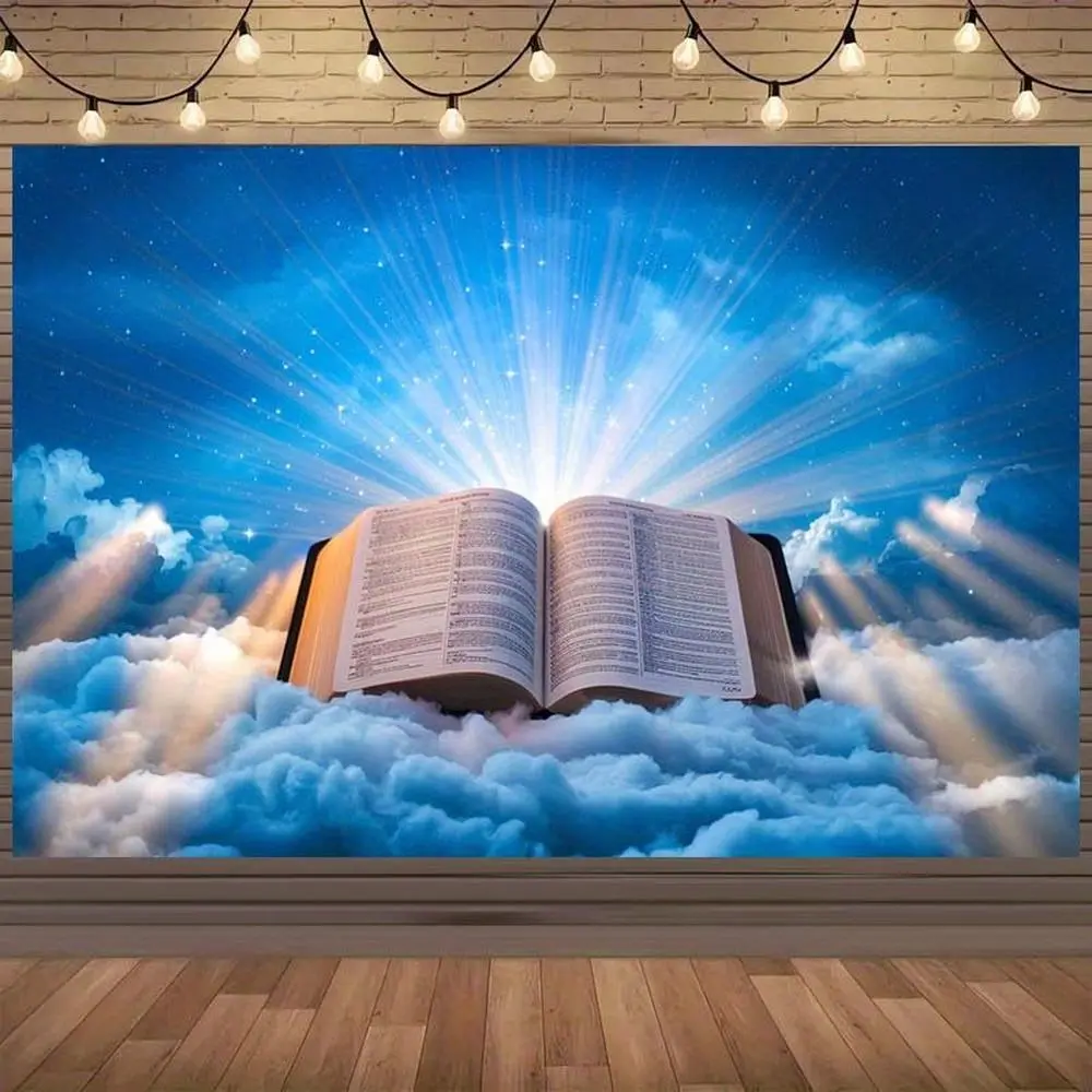 1pc Glam Durable Polyester 2D Flat Heavenly Open Book Backdrop - Divine Light Clouds, Religious Church Event Decor, Photo Booth Prop, Serene Spiritual Room Ambiance Enhancer
