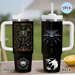 PIKPAKA The Witcher Game Vacuum Flasks 40oz Stainless Steel Tumbler with Handle & Straw, Vacuum Insulated Travel Mug Keeps Drinks Cold Up to 12 Hours, Leak-Resistant Cup for Iced Coffee, Water, Office, Gym or Travel