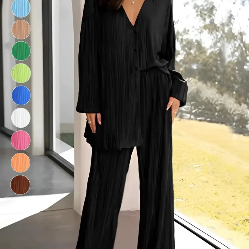 Women's Solid Textured Button Front Top & Flare Leg Pants Set, Casual Long Sleeve Top & High Waist Trousers, Women's Spring & Fall Clothes